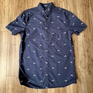 American Eagle Seriously Soft SS button-down shirt navy white sunglasses Sz XS